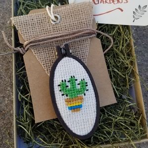 Cute Tiny Cross Stitch Cactus Embroidery Necklace